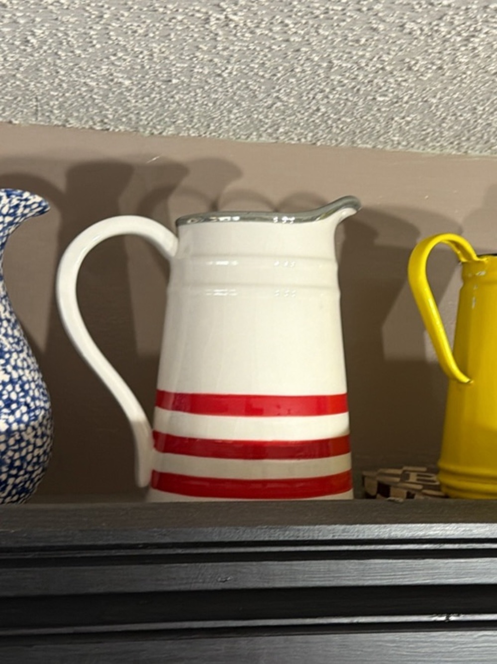 White Ceramic Pitcher with Red Stripes - Home Art